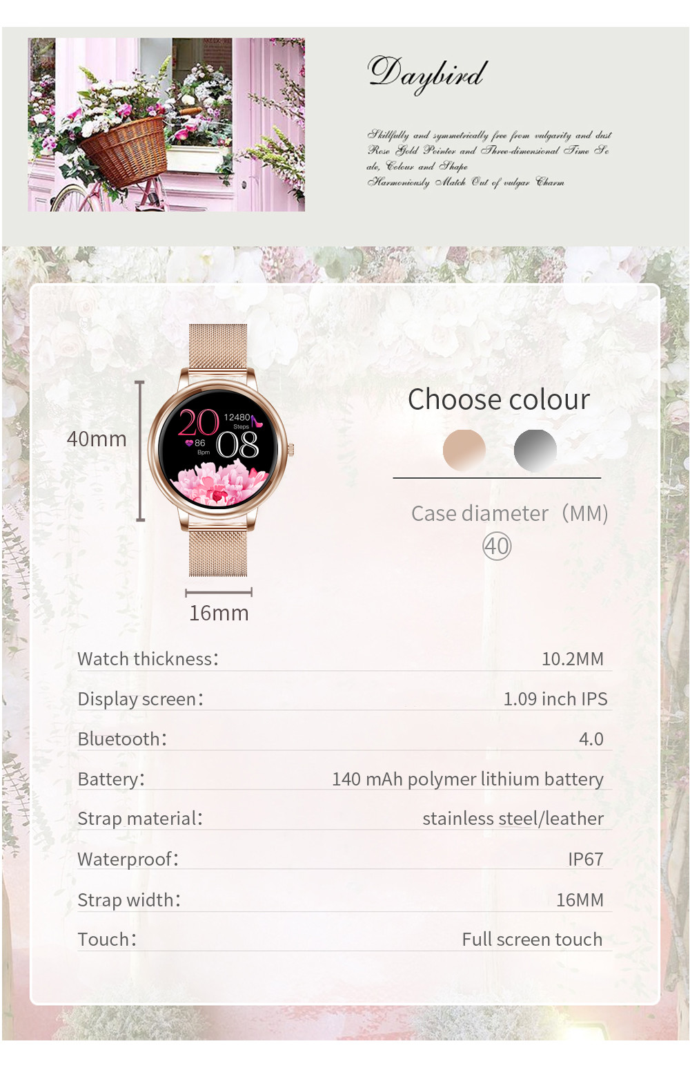170mAh 39mm Dia Waterproof Women Smartwatch 1.09 Inch For Ladies