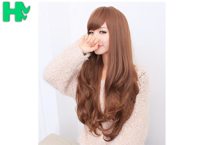 Free Wig CatalogsBrown Color Long Synthetic Wigs For Party , Synthetic Hair Wigs