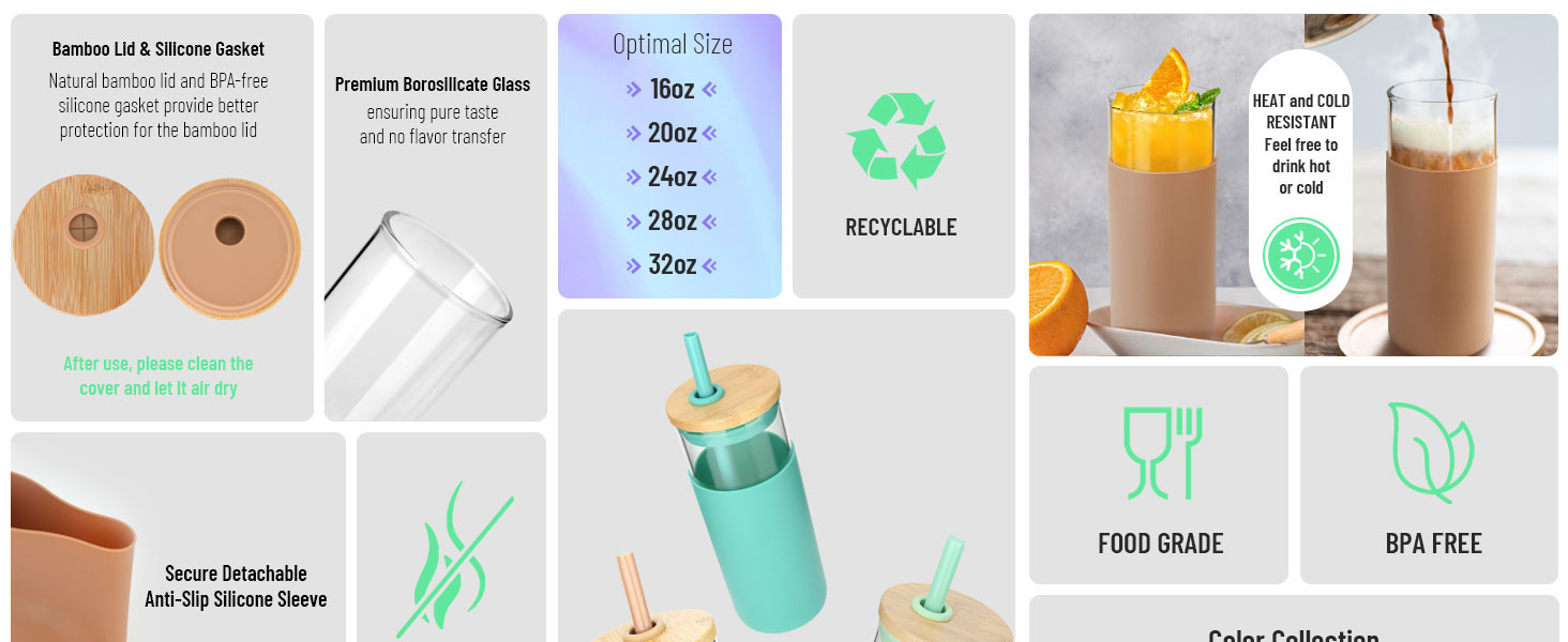 Food Grade White 20 Oz Glass Tumbler With Lid Silicone Protective Sleeve Bamboo Lid Glass Water Bottle For Both Hot And Cold Beverages