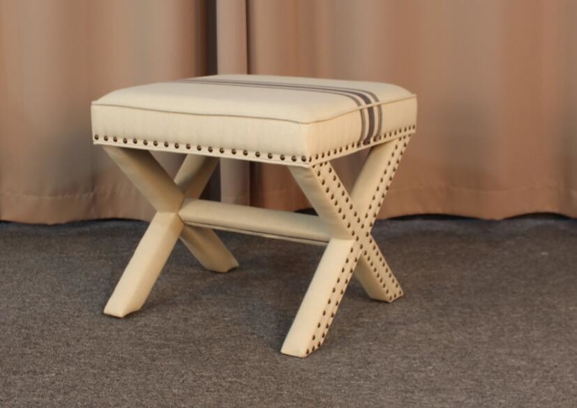 French wooden folding ottoman with silver nails linen fabric home furniture foot rest ottoman