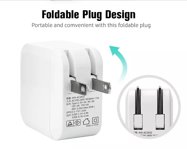 65W 3.0 GaN USB C Charger Type C Foldable Adapter With 3 Port
