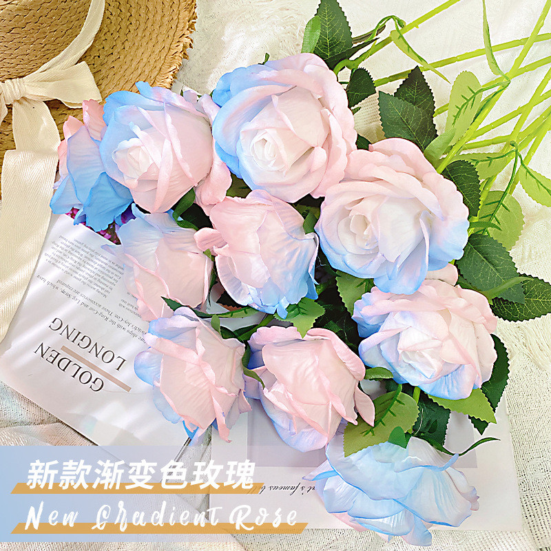 Simulated rose bouquet, silk flower, plastic flower, fake flower, single branch living room decoration, dried flower, dining table decoration, wedding