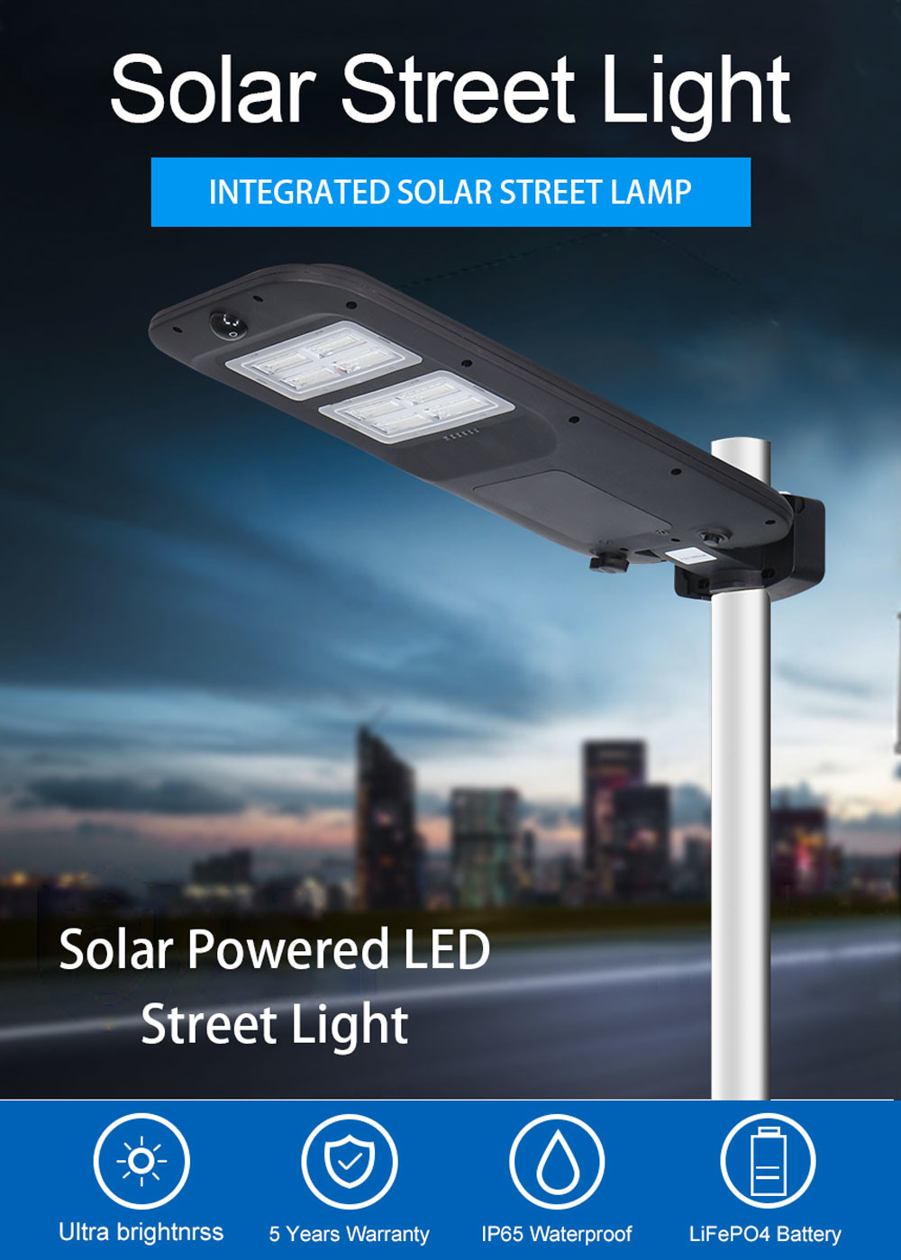 100W 200W 300W LED Solar Street Light All In One Integrated 170lm/W Efficiency PC Lens