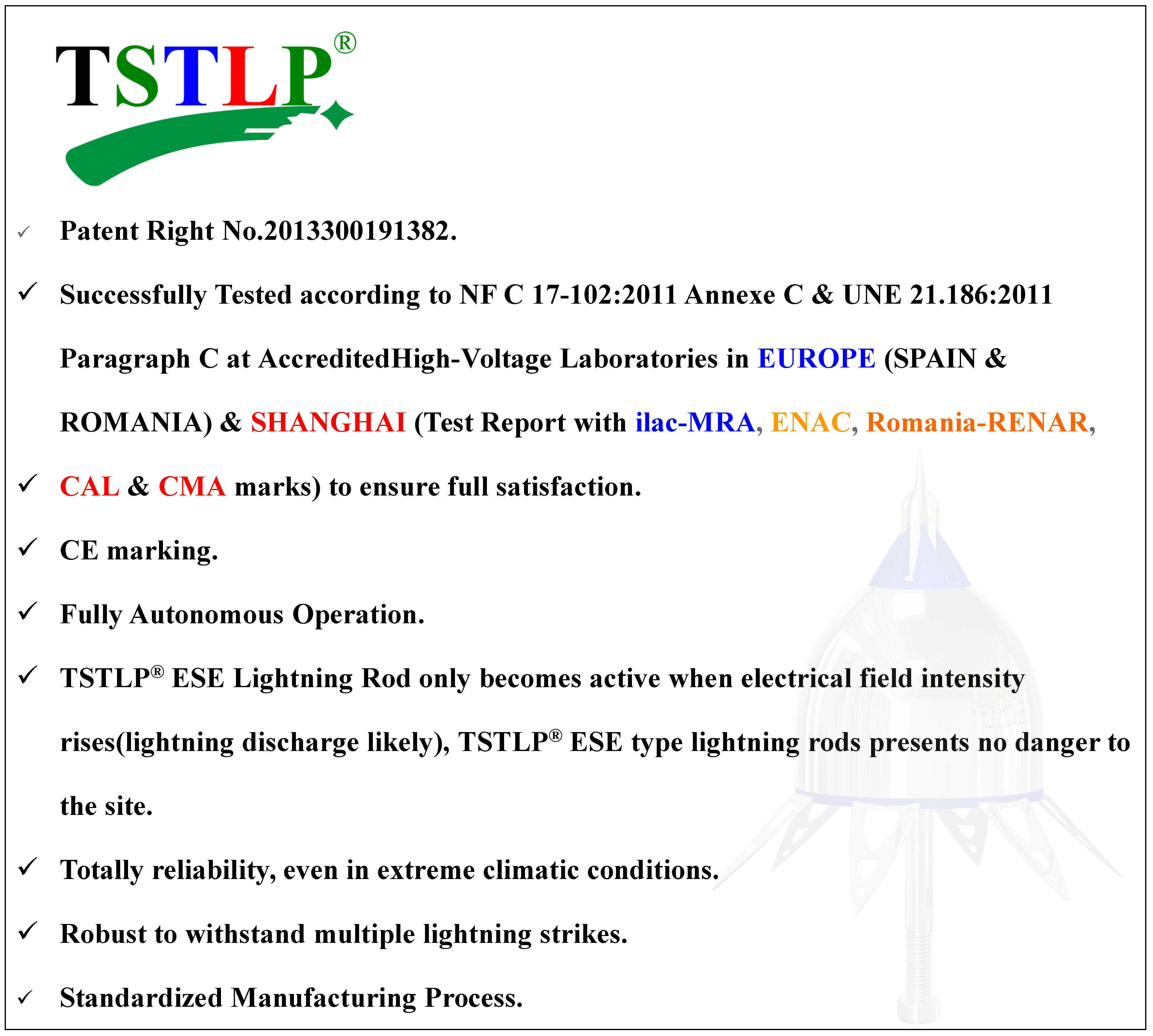 Overseas Certified Ese Lightning Conductor TSTLP ESE types On Building