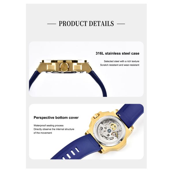 Exhibition case back and 316L stainless steel profile of the automatic mechanical watch.