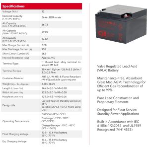 GPL12260 12V 26Ah CSB Battery Long Life Rechargeable Battery
