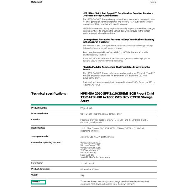 HPE MSA 2060 SFF 10/25GbE iSCSI SAN Storage Dual Controller