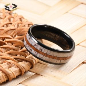 Stunning Men's Wedding Band with Antler and Koa Wood Inlay Comfort Fit 8mm Black
