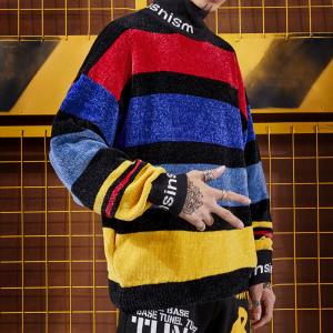 Wholesale small quantity clothing manufacturer Drop Shoulder Graffiti Rainbow Striped Sweater Chenille Ins Lazy Half Turtleneck from china suppliers