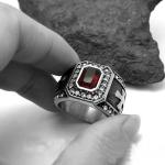 Vintage Inlay Mens Gothic Stainless Steel Band Ring with RED Cubic Zircon