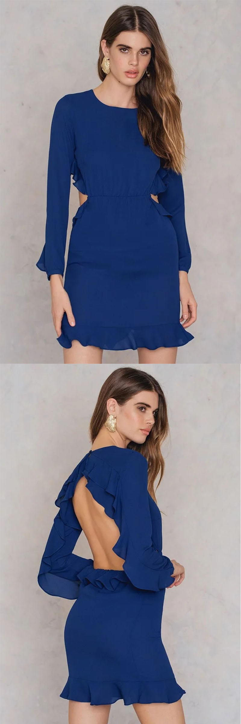 Latest Ruffle Open Back Design Blue Formal Dresses Women