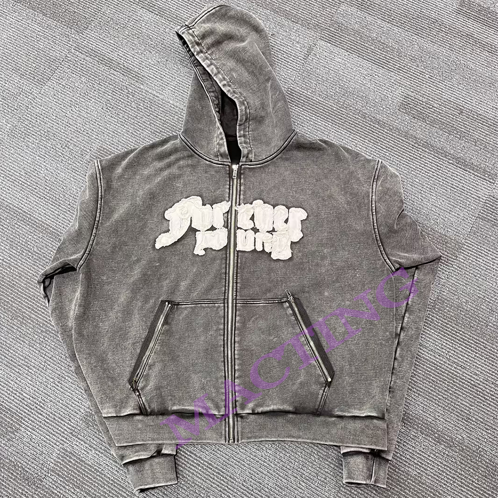 500 Gsm Thick Cotton Zipper Pockets Patched Embroidery Hoodie Men Lined Custom Hoodies