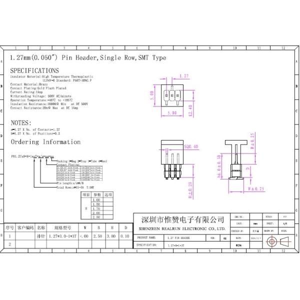 Plastic 3 Pin Single Row Header Connector 1.27mm Vertical Mount SMT Type