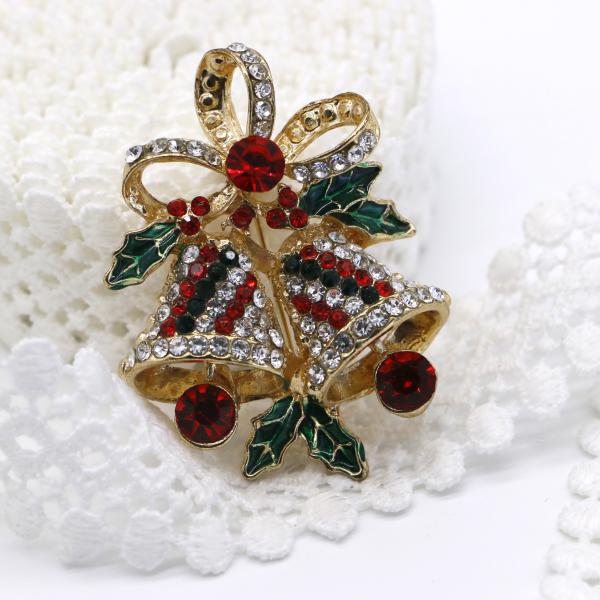 Multi Color Christmas Bell Brooch , Diamonds Crystal Christmas Pins Alloy Material
