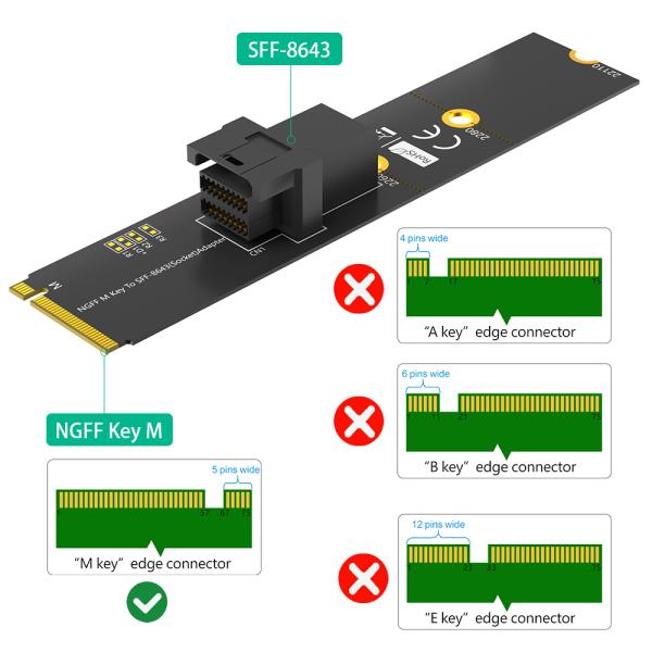 M.2 to SFF-8643 Adapter for NVMe SSD 32Gbps PCIe 3.0 x4