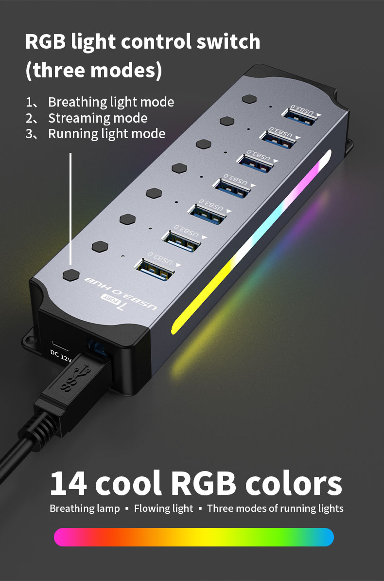 Customized Logo Accepted Speed USB 3.0 Hub with 7 Ports and Aluminum Alloy Design