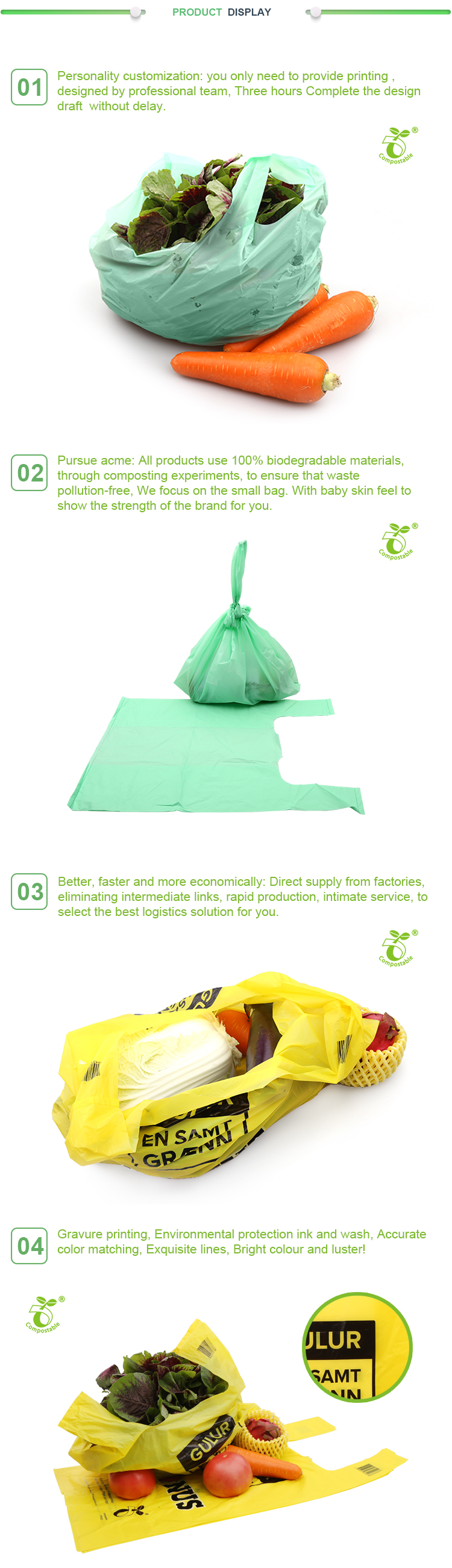 Customized colorful biodegradable plastic t-shirt vest shopping bag
