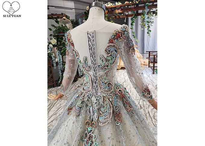 Colorful Lace Tailor Made Prom Dresses , Long Sleeve Beaded Prom Dress Big Tail