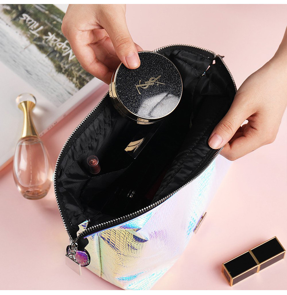 Portable Zippered PU Leather Holographic Cosmetic Bag