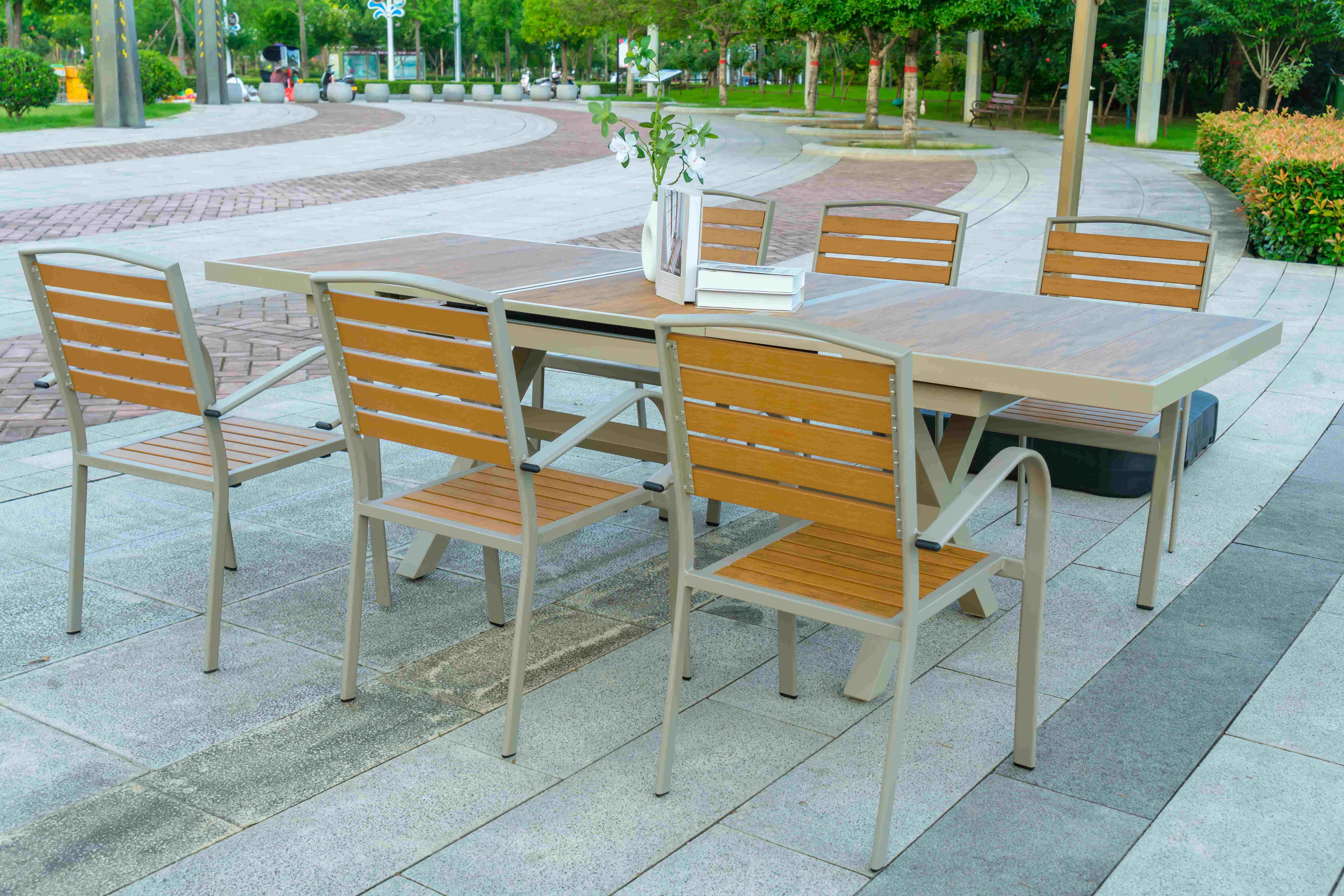 7 Pieces New Design Cheap American Style Cafe Restaurant Plastic Wooden Dining Table And Chairs Ferniture Set