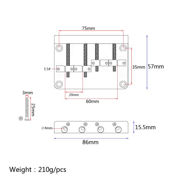 Chrome Zinc Alloy L Shape 4 String Electric Guitar Bridge With Wrench
