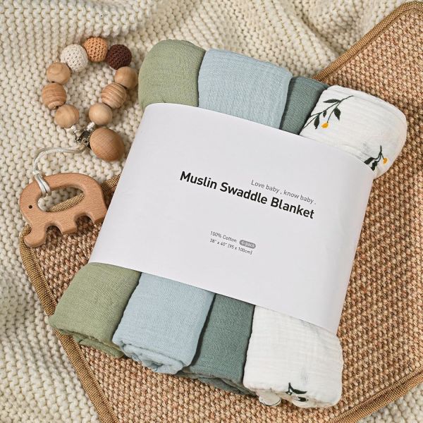 Muslin Swaddle Blankets for Baby, 4-Pack Newborn Receiving Blankets 40 x 38 inches