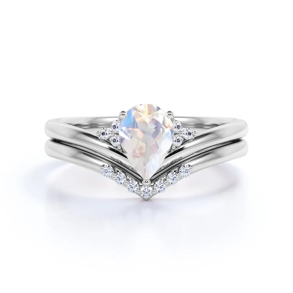 S925 Gold Natural Pear Shape Cz Rainbow Moonstone Ring Boho Wedding Set
