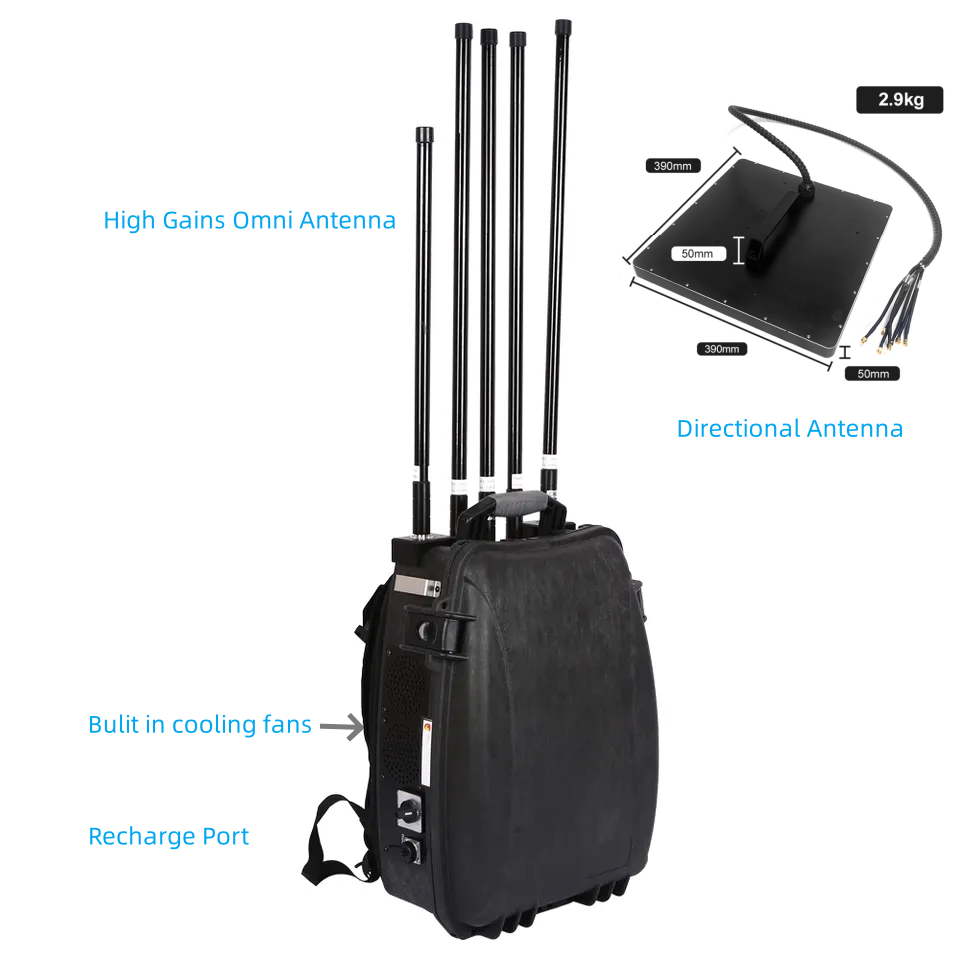 Portable Macpack Anti Drone Systems 8 Bands 320W 2.4G 5.8G 1.5G 900M 5.2G Military RF Jammer UAV Defense System