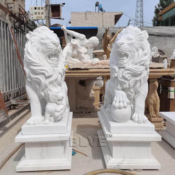 Entrance Marble Lion Statues Garden Life Size White Stone Carvings And