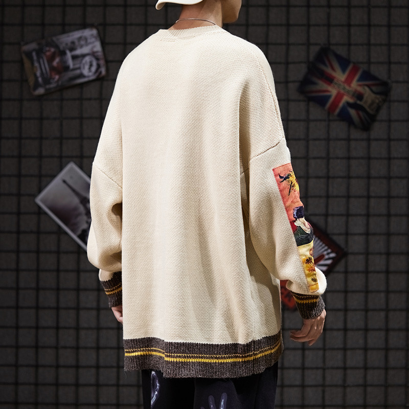 Khaki Color Block Drop Shoulder Mens Warm Sweaters Breathable