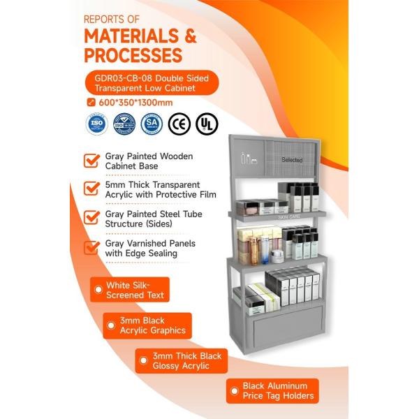 GDR03-CB-08 Double Sided Transparent Low Cabinet with Adjustable Shelves and Luxury Branding Integration for Specialty Beauty Stores