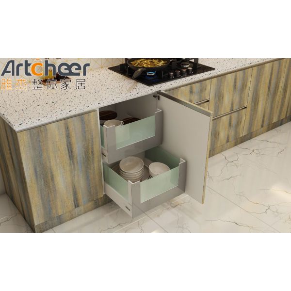 Modern L Shape Kitchen Cabinet with Melamine Finish and 5 Drawers for Eco-Friendly Modular Kitchen