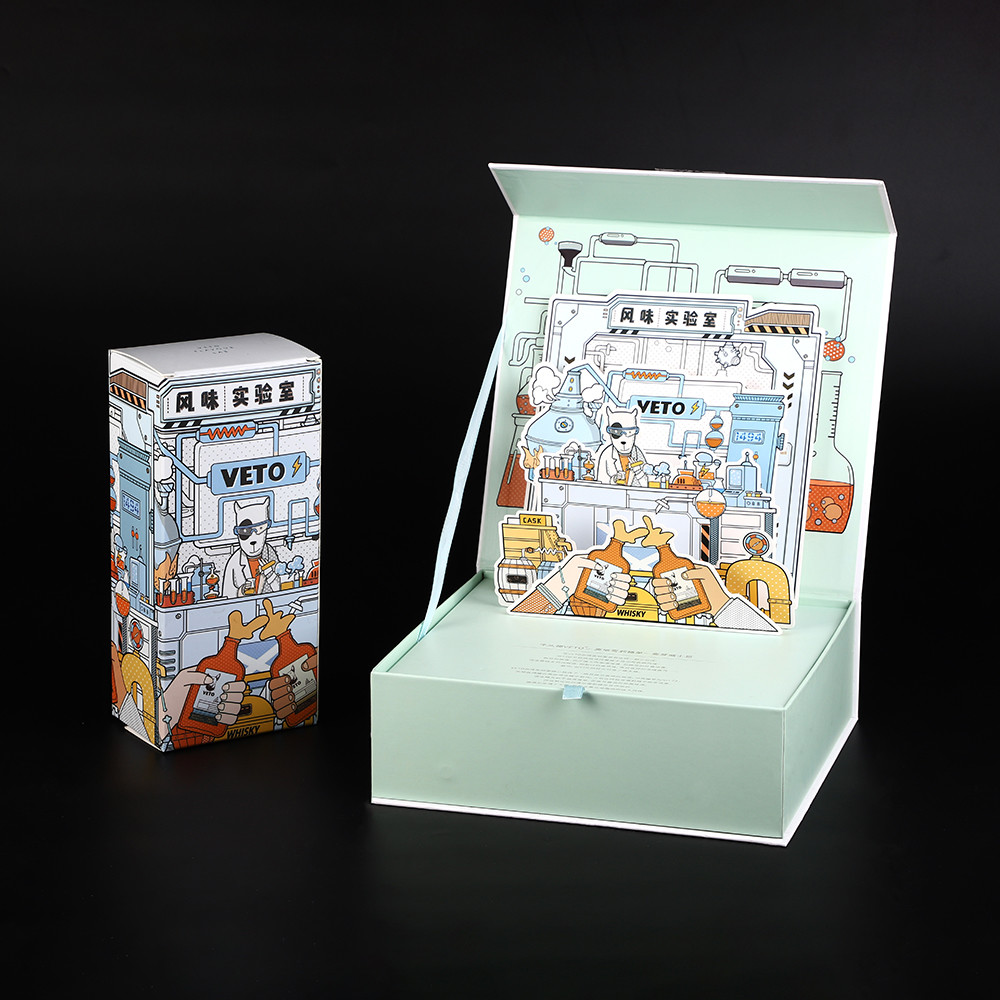 Book Shape FSC Luxury Rigid 3D Pop Up Cardboard Box For Wine Bottle Magnets Flap Pannel