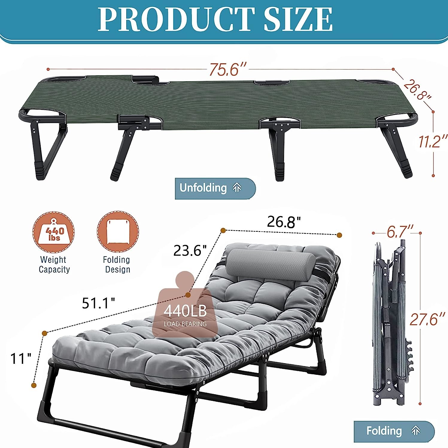 Portable Folding Camping Cot, Adjustable 4-Position Adults Reclining Chairs Mattress,Outdoor Patio Folding Lounge