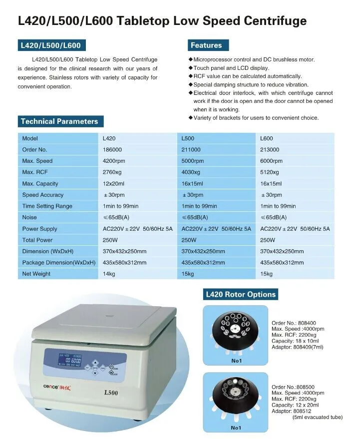 L420 /L500/L600 Table Top Low Speed Centrifuge Biochemical Analysis System Free Parts