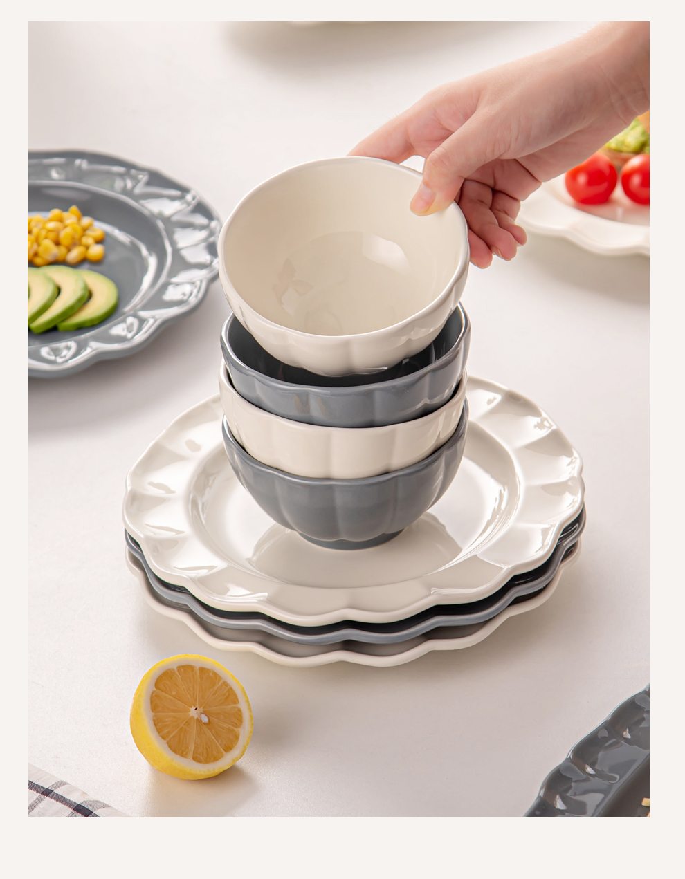 Solid Color Dinnerware Set Nordic Style Ceramic Plates And Bowls With Sunflower Shape