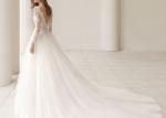 Simple Elegant Deep V Neck Wedding Gown Long Sleeve Backless Tulle Big Tail
