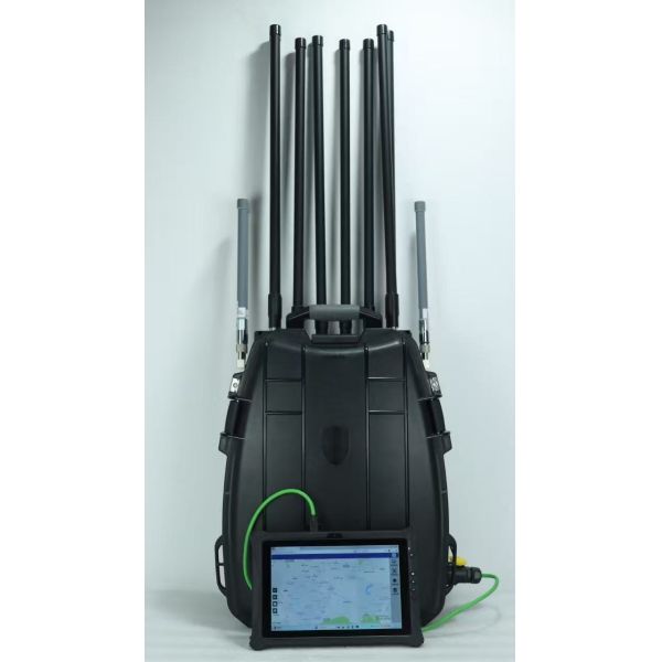 Portable backpack-style drone detection and jamming device with 100-2000 meters detection range and multiple jamming frequency bands