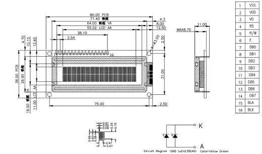 16x2 Character LCD Module Compact STN LCD Display ST7066U / ST7065 Controller