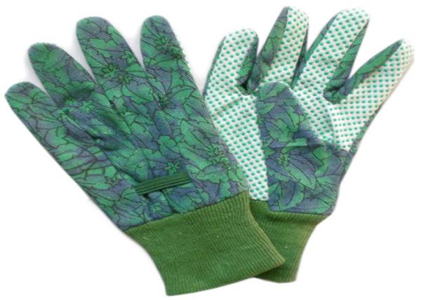 Green Knit Wrist Working Hands Gloves Green PVC Dot Grip Garden Cotton Canvas