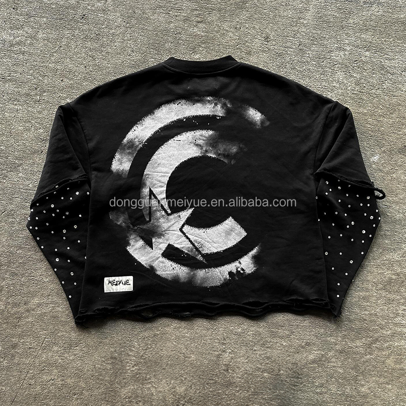 Custom Sweatshirt Rhinestone Distressed Unisex Embroidered Long Sleeve Double Layered Oversized T Shirt Heavyweight for Men