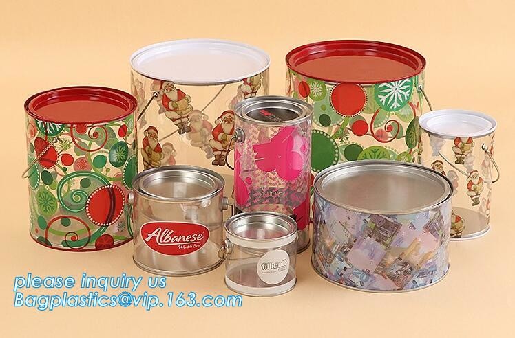 clear PVC PET can for food canning,Customized round clear paint can with tin lid,paint can with tin top & bottom and han