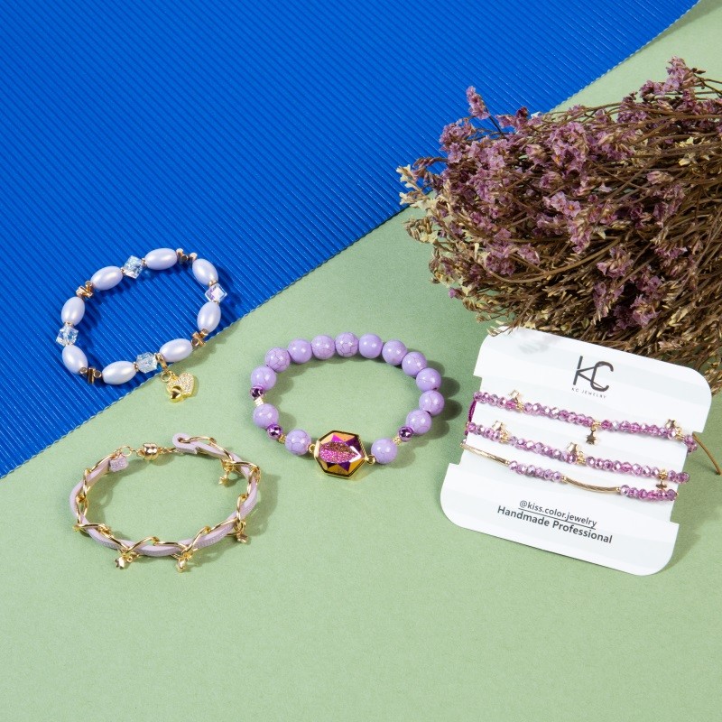 Hippie Surfer Festival Handmade Jewelry Set Boho Braided Romantic Purple Color