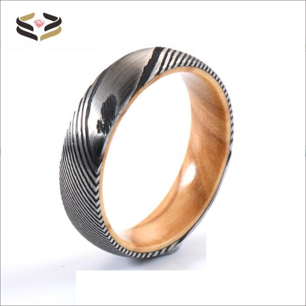 Etched Wedding Damascus Steel Rings Olive Wood Sleeve Inlayed 6mm 8mm For Christmas Gift