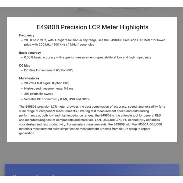 Keysight Agilent E4980A Precision LCR Meter with 20 Hz to 2 MHz Frequency 0.05% Basic Accuracy and 75 dB Dynamic Range
