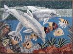Blue Sea White Dolphins Mosaic Art Patterns Medallion Fish Border Marble Mosaic