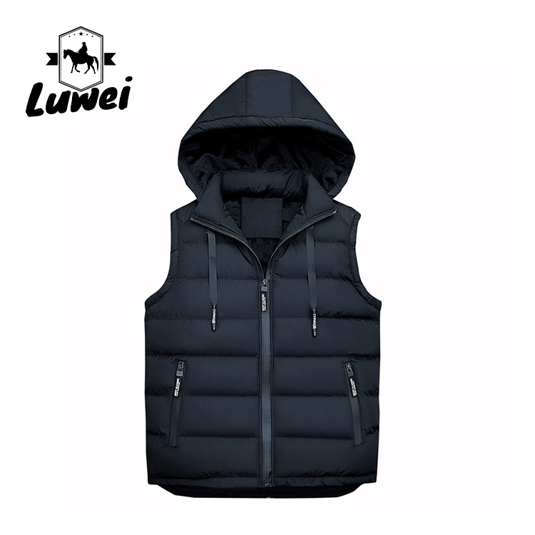 Winter Black Polyester Cotton Thick Hooded Utility Slim Fit Sleeveless Man Cotton Quilted Waistcoat Vest