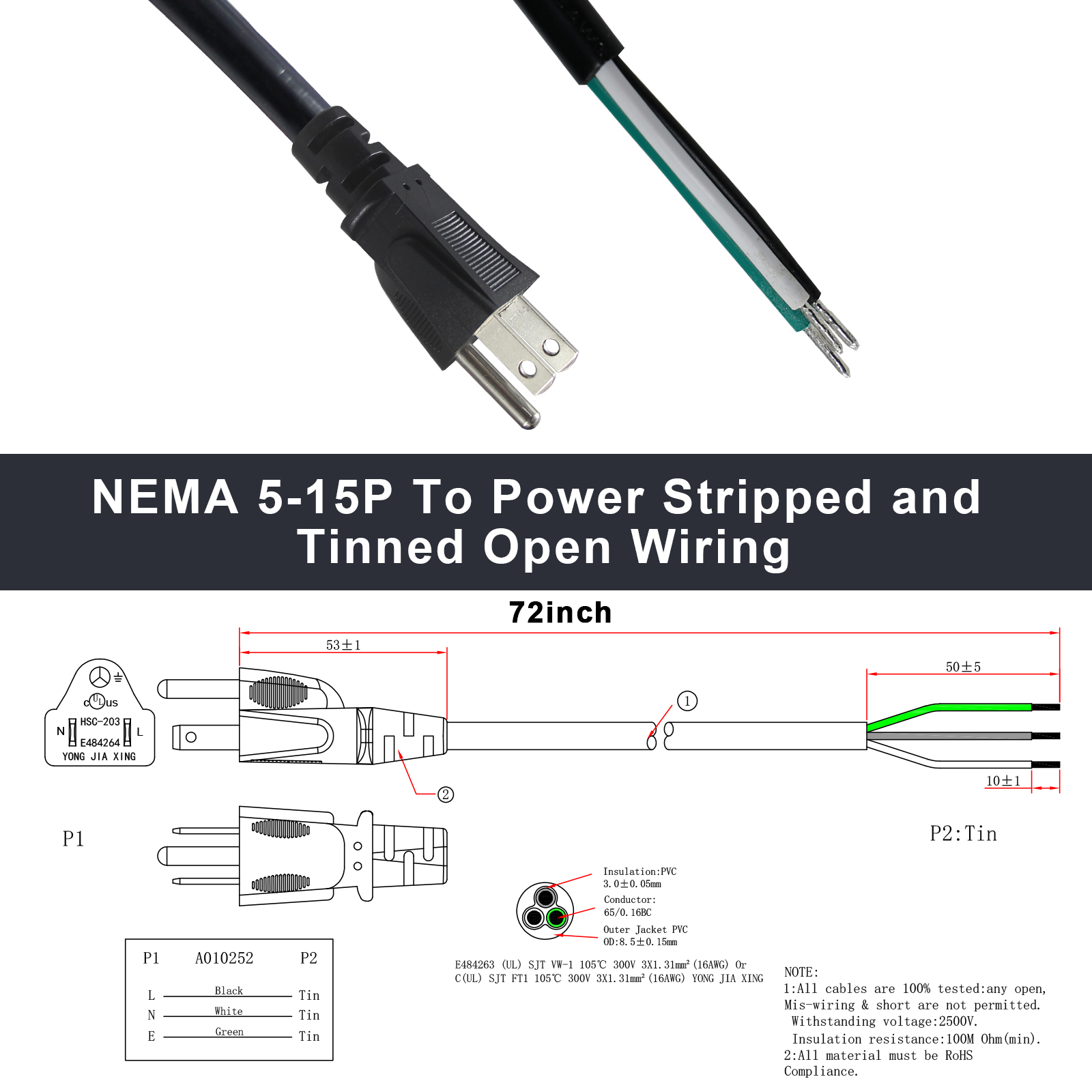 NEMA 5-15P To 10MM Power Stripped Extension Cord SJT SJTW 3 Wire Cable