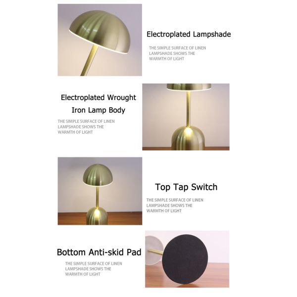 CE Rechargeable LED Desk Lamp 3 Colors Cordless Mushroom Table Light