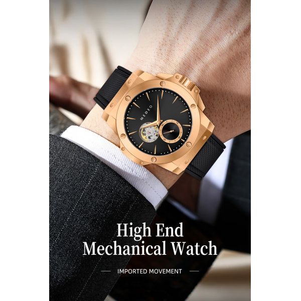 Rose gold men's automatic mechanical watch with a black open-heart dial and premium black rubber strap.